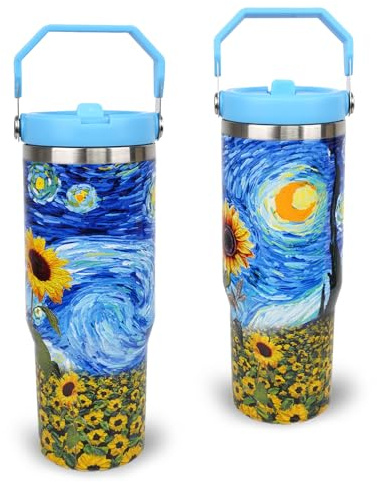 XUEHUAPIAOPIAO 30 oz Tumbler with Handle Flip Straw Leak Proof - Sunflower Cup 30oz Tumbler Travel Coffee Mug with Handle - Birthday Gifts for Women Sunflower Lovers 30 Ounce Stainless Steel Cup