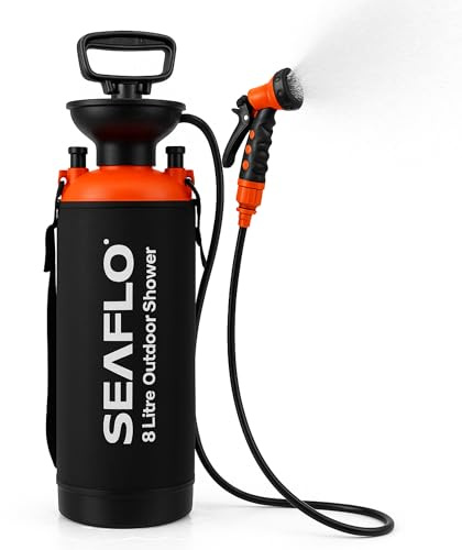 SEAFLO 2 Gallon (8L) Portable Outdoor Camping Shower- 7 Spray Modes! High Pressure Handheld Showerhead, Thermal Insulation Bag for Beach Hiking Dog Car Garden Wash CE & ROHS Certified, 4-Year Warranty