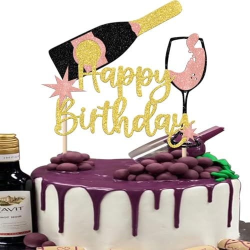 1 x Champagne Happy Birthday Cake Topper Glitter Cheers Beer Cake Decoration for Celebrating Glorymoment Beer Theme Birthday Party Cake Decorations Gold