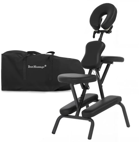 BestMassage Portable Massage Chair – Foldable Tattoo & Spa Chair with Adjustable Face Cradle, High-Density Cushion, Lightweight Frame & Carry Bag, Black