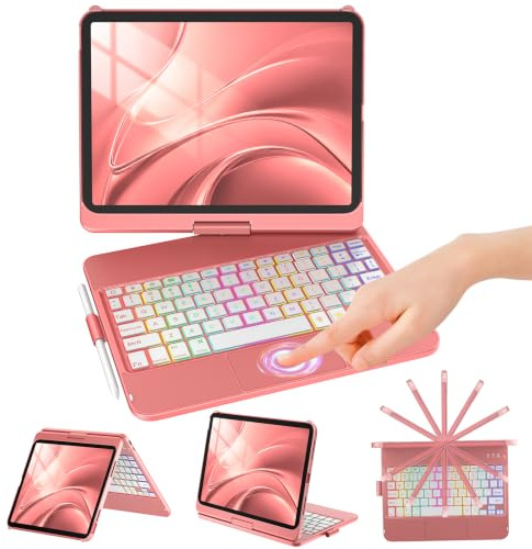 KBCASE 360° Rotating Keyboard Case for iPad A16 11th Generation/10th Gen | Precision Multi-Touch Trackpad, 7-Colour Backlight with Pencil Holder for iPad A16 11th 2025/10th Gen 2022 10.9, UK Layout