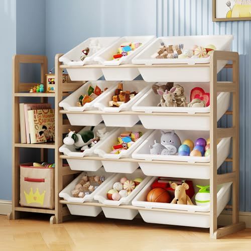 EXPERLAM Toy Storage Organizer - Toy Organizers and Storage with Bookshelf, Toy Shelf with 3 Shelves and 12 Storage Bins, Kids Bookshelf and Toy Storage for Kids Room, Playroom, Bedroom, Nursery