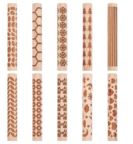 UNICRAFTALE 10 Stk Ton Texturwalzen Töpfer Musterroller für Bastelbedarf | 10 verschiedene Muster,aus Holz,leicht langlebig,10,2cm lang,14,5mm Durchmesser,für Keramik,Skulptur,Backen