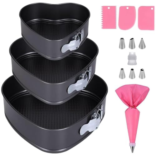 COEWUR 3 Pcs Heart Shaped Cake Tin with Piping Bags and Nozzles Set | 20/22/24cm Cake Tins for Baking Cheesecake Tin, Carbon Steel Baking Pan Cakes with Loose Base Easy Cleaning Food-Grade Coated