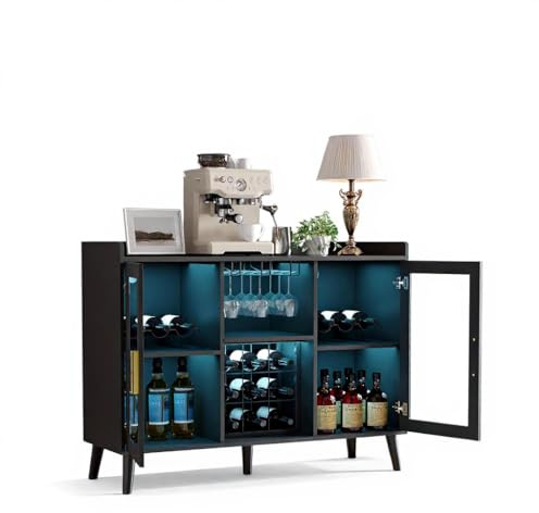 GarveeHome Weinschränke mit LED-Beleuchtung, Freistehender Barschrank aus Holz mit Weinregal und Glashalter Getränkeaufbewahrung Sideboard Buffet für Bars, Wohnzimmer, Küche, 120x40x90cm,Schwarz