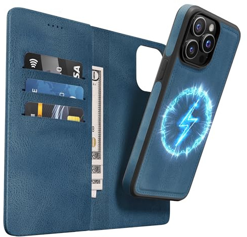 OASISBLUE Handyhülle für iPhone 14 Pro Hülle, [2-in-1 Magnetisch Abnehmbar] Kabelloses Laden Kompatibel Stoßfest Schutzhülle PU Leder Klapphülle - blau