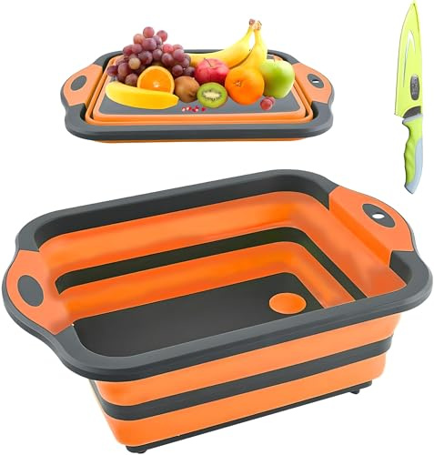Collapsible Cutting Board with Drain for Camping Picnic BBQ Collapsible Sink Tub Dish Wash Basin Portable Dish Tub Foldable Dishpan for Home Kitchen (Black Orange)