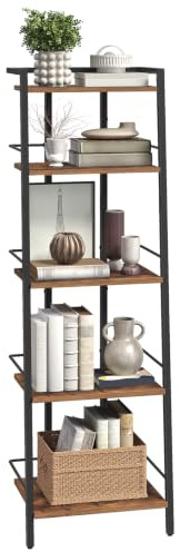 MAHANCRIS Ladder Shelf, Book Shelf, Ladder Shelving Unit, Narrow Bookcase | 5-Tier Industrial Ladder Bookshelf with Side Rails, for Living Room, Bedroom, Home Office, Rustic Brown and Black