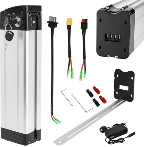 36V 10Ah Lithium Battery with Charger, 4 Port, Safe Lock, Rechargeable Li-Ion Battery, Folding Electric Bike Removable Battery with BMS Protection 36V 10Ah