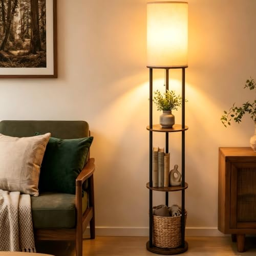 ARTETHYS Floor Lamp with Shelves, Round Standing Tall Lamps for Living Room | 3-Tier Storage Shelf Standard Lamp with E27 Socket for Bedroom, Bulb Not Included, Rustic Brown