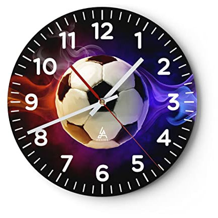 Modern Wanduhr Abstrakt Ball Flamme fußball 30x30cm Rund Klein Wand Uhr Glas Analog Zimmeruhren Küche Büro Wohnzimmer Glasuhr Wall Clock Dekoration Design Wanddekoration Küchenuhr C4AR30x30-2111