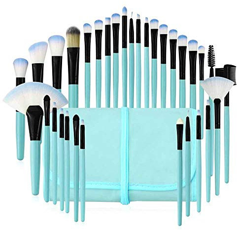 Maquillage Pinceaux, 32 Set Pinceaux Maquillage Professionnel Pochette de Voyage Haut de Gamme Fibres Synthétiques Souples Makeup Brushes Complet Soyeux et Facile pour Tous Types de Maquillage,Bleu