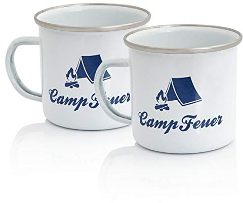 CampFeuer Emaille Tasse (2 Stück) | 350 ml - weiß | Emaillebecher mit Edelstahl Trinkrand | Camping Kaffeebecher Metall, Outdoor Tasse Emaille | Camping Zubehör