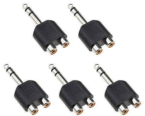 SING F LTD 5Pcs 6.35mm 1/4 Inch Stereo Male Plug to Dual RCA Phono Female Socket Jack Connectors Audio Converters Y Splitter Adapters