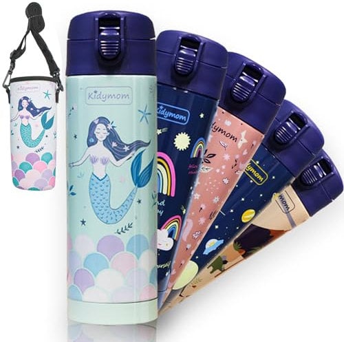KIDYMOM Trinkflasche Kinder Edelstahl, Thermosflasche Auslaufsicher BPA frei 350ml +Transporttasche, Isoliert Thermos Trinkflaschen, Einhorn Flasche Kind Kleine Thermoskanne Kindergarten Schule