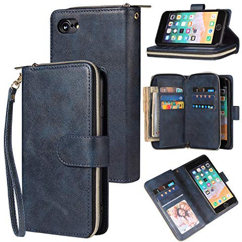 nancencen Handyhülle Kompatibel mit Apple iPhone 7/8 / SE 2020, Lederhülle Flip Cover Brieftasche Hülle Kreditkartenschlitz (9 Karten) für Apple iPhone iPhone SE 2020 Schutzhülle -Blau