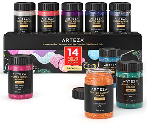 ARTEZA Glitter Acrylic Paint Set, 14 Colours, 60 ml Flasche, Transparent Basis, Glitter Farbe for Crafts with Iridescent Chunky Glitter