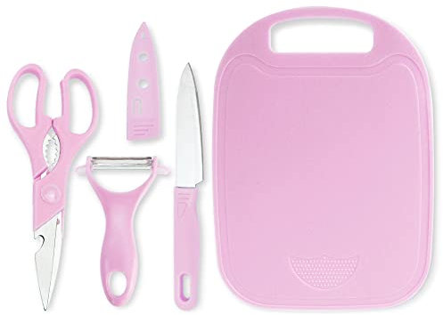 QZDAFFIC 4Pcs Household Kitchen Peeling Set,Stainless Scissors, Kitchen Small Knife with Cover,Chopping Board and Peeler for Fruit and Vegetable(Pink)