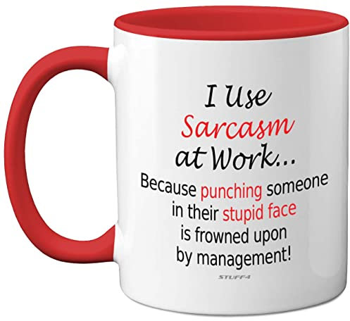 Funny Mugs - I Use Sarcasm at Work - Novelty Mugs for Colleagues, Secret Santa, Christmas Birthday Gifts, 11oz Dishwasher Safe Red Handle Mug