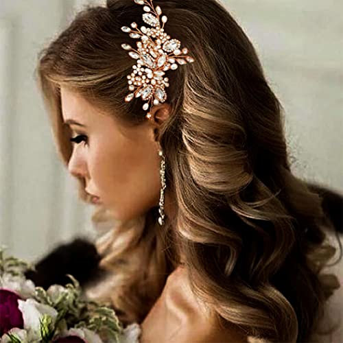 Casdre Kristall Braut Hochzeit Haarkamm Perle Braut Haarteil Haarschmuck für Frauen und Mädchen (C Roségold)
