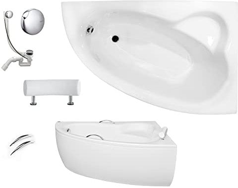 VBChome Badewanne 150x100 cm Acryl SET Schürze Siphon Wanne Ecke Eckbadewanne Weiß Design Modern Ablaufgarnitur Viega Simplex Wanne rechts Schürze Ablaufgarnitur Füße Griffe Kopfstütze
