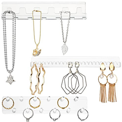 BELLE VOUS 3 Pack of Clear Acrylic Necklace Jewellery Holders - Set of Self Adhesive Wall Mounted Hooks & Pegs - Hanging Display Organiser for Necklaces, Ring, Bracelets & Earrings Storage Holder