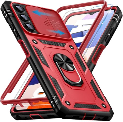 Giyer Handyhülle für Samsung Galaxy A14 5G Hülle mit Schutzfolie, Galaxy A14 5G Schutzhülle mit Kameraschutz 360° Drehbarer Metall Ring Ständer Stoßfest Bumper A14 5G 6.8 Case Cover (Rot)