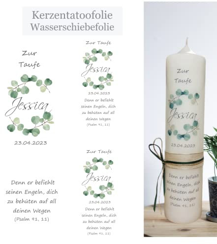 Kerzenfolie | Folie für Kerzen | Tattoofolie für Taufkerzen, Hochzeitskerzen, Kommunionkerzen - Eukalyptus Kranz - auf Transferfolie, Wasserschiebefolie, DiY-Kerze
