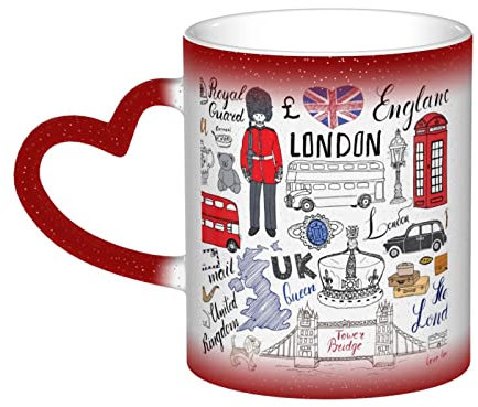 Aseelo Heat Changing Ceramic Mugs I Love London Coffee Cups with Heart-Shaped Handle for Coffee, Drink, Tea, Xmas Party Decoration, Fun Gift
