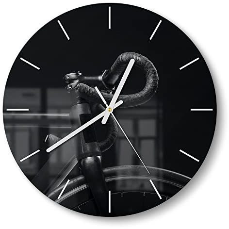 DEQORI Glasuhr | rund Ø 30 cm | Motiv Sportliches Fahrrad | ausgefallene leise Design Uhr aus Glas | Wanduhr für Wohnzimmer & Küche | Moderne Hingucker Uhr für die Wand