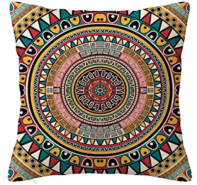 45 x 45 cm Tribal-Kissenbezug, runde Farben, Aztekenmuster, quadratischer Kissenbezug für Sofa, Couch, Schlafzimmer, Wohnzimmer, Wohnheim, Dekoration, Jade, Rubin und Senf