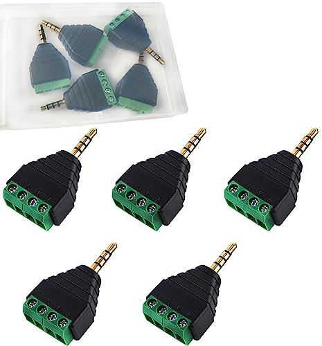 RUNCCI-YUN 5 Stück 3,5 mm Stereo lötfreie Audiostecker,Terminalblock 3.5 mm Klinke 4-polig,1/8 Zoll TRRS 3,5 mm Klinkenstecker Adapter Schraubanschluss AV 4 Kopfhörer Balun Lötfreier
