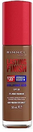 Rimmel Lasting Finish 35Hr Foundation 600 Warm Coconut, Full Coverage, Hydrating, SPF20, Hyaluronic Acid, Vitamin E, 2% Niacinamide, All Day Wear, Vegan, Cruelty Free