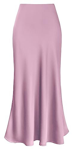 Outoshe Maxi gonne da donna in raso a vita alta con elastico nascosto in vita una linea gonna lunga, Zip Rosa, S