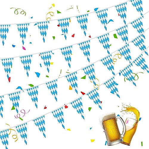 30M Oktoberfest Deko Wimpelkette Blau Weiß Girlande, 3 Stück 10m Oktoberfest Wimpelkette Bayrische Deko, Flagge 20 x 30 cm, Oktoberfest Bayrische Dekoration für Bierfest Innen Outdoor