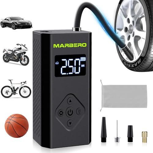 Compressore Aria Portatile 10BAR MARBERO 5000mAh Schermo Digitale Gonfia Gomme Auto Portatile 150PSI Gonfiatore Manometro con Torcia LED per Auto Moto Bici Palla Palloncino Gommone Gonfiabili