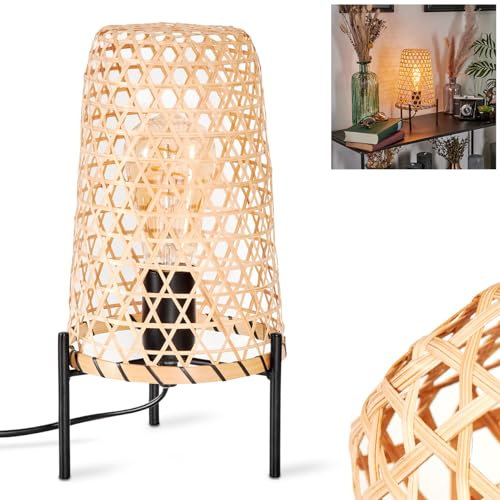 Tischleuchte Bauro, moderne Boho Tischlampe aus Metall/Rattan in Schwarz/Natur, Nachttischlampe mit Schirm in Gitter-Optik, An-/Ausschalter am Kabel und Lichteffekt, 1 x E27, ohne Leuchtmittel