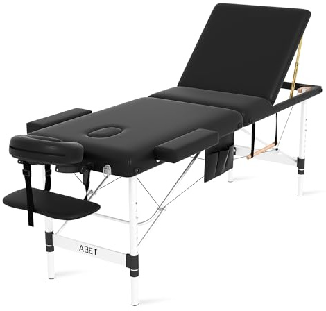 ABET Massage Table, 3 Fold Portable Professional Lash Tattoo Spa Bed, Height Adjustable 23.5 Wide Compact Facial Table with Detachable Oil Pocket Towel Rod Face Cradle Armrest, Aluminum Feet & Black