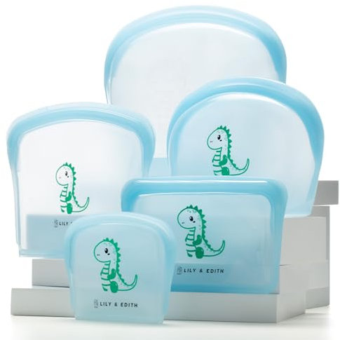 LILY & EDITH Set di sacchetti multiuso in silicone riutilizzabili per alimenti e mroe, a prova di perdite, ermetici, lavabili in lavastoviglie, adatti al microonde e al congelatore, portatili, per
