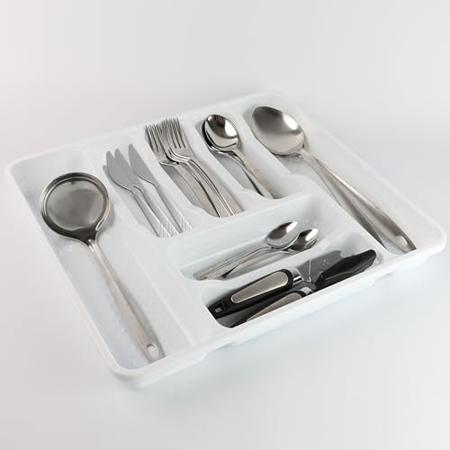 DIVCHI Cutlery Tray Kitchen Drawer Organiser 7 Compartments Utensil Spoon Fork Holder Silverware Flatware Storage Rack (White)