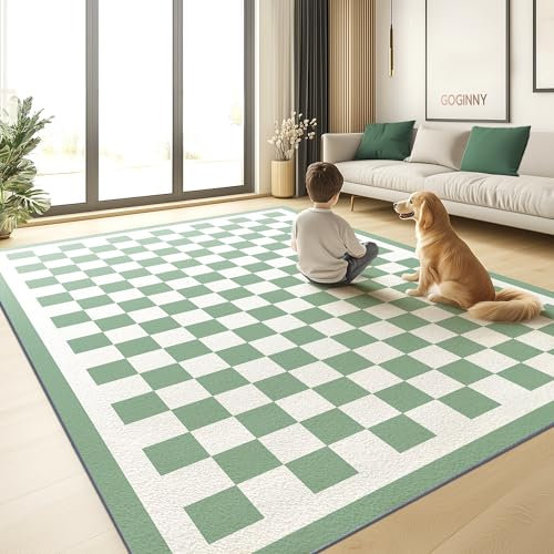 GOGINNY Waschbarer karierter Teppich für Wohnzimmer, Salbeigrün, Schachbrett, Boho, große Teppiche, Kunstwolle, niedriger Flor, leicht, fusselfrei, für den Innenbereich, rutschfeste Unterseite, für