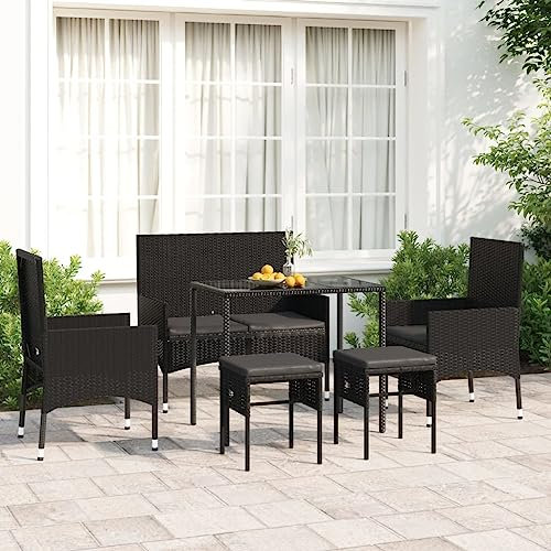 KOIECETA 6-TLG. Garten-Lounge-Set mit Kissen Gartenmöbel Set Garten Hocker & Tisch Loungemöbel Outdoor Möbel mit Sessel Schwarz Poly Rattan