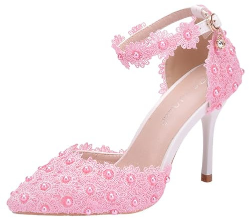 Jamron Donna Elegante Tacco a Spillo Décolleté a Punta con Cinturino alla Caviglia Pizzo Perle Scarpe da Sposa Rosa SN0703212-2 EU36