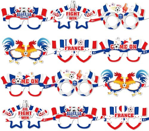HOWAF 12 Lunettes 2024 Football Euro Lunette en Papier Drapeau Francais Accessoires Photobooth Euro Football 2024, Kit Supporter France pour Décorations Euro Football 2024 Coupe du Monde