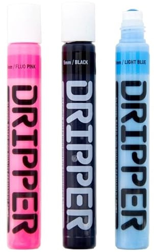 KLAMOTTEN STORE Lackstifte Set mit 5mm Spitze - 3 Dripper - Paint Marker auf Alkoholbasis - permanent haftend - Hellblau, Fluo Pink, Schwarz
