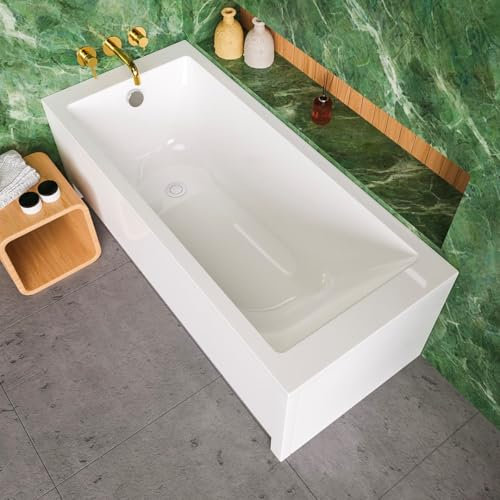 ECOLAM® Badewanne TAMI 150x70 cm + Schürze Wanne Acrylwanne Rechteck aus Sanitäracryl Komplett Set mit Acrylschürze, Ablaufgarnitur Ab- und Überlauf Automatik Füße Silikon Set