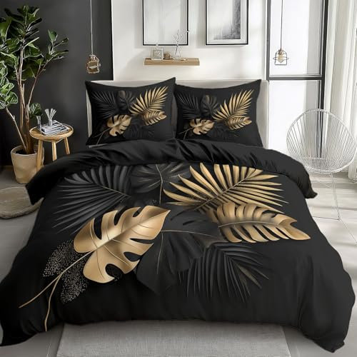 Quixora Bettbezug-Set mit Kissenbezug Schwarz Bettwäsche-Set für Jungen Mädchen Kinder, Schwarze und goldene Tropische Blätter 3D Drucken Bettbezug 135 x 200 cm 3er Set Weich Mikrofaser, Atmungsaktiv