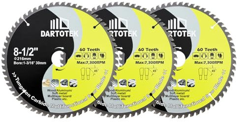 DARTOTEK TCT Carbide Saw Blade 60T Tipped Teeth Circular Multi Material Cutting Disc 30mm Arbor for Wood Aluminium Plastic 216mm 3pcs
