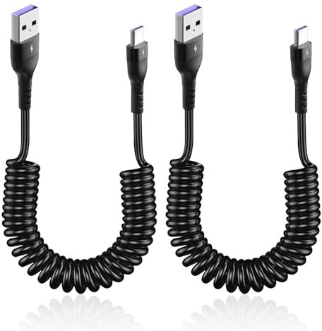 BIVOFU 2 PCS Cable USB C Espiral, Cable USB A a USB C de 0.4m para Carga Rápida y Transferencia de Datos, Negro, Compatible con Android Auto y Amplia Gama de Dispositivos Móviles