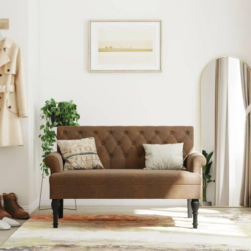 Myheimly Sitzbank mit Rückenlehne Braun 120x62x75,5 cm Wildleder-Optik Bank Polsterbank mit Rückenlehne Armlehnen, Bettbank mit Holzbeinen, Flurbank Ottomane für Wohnzimmer Büro, Modern